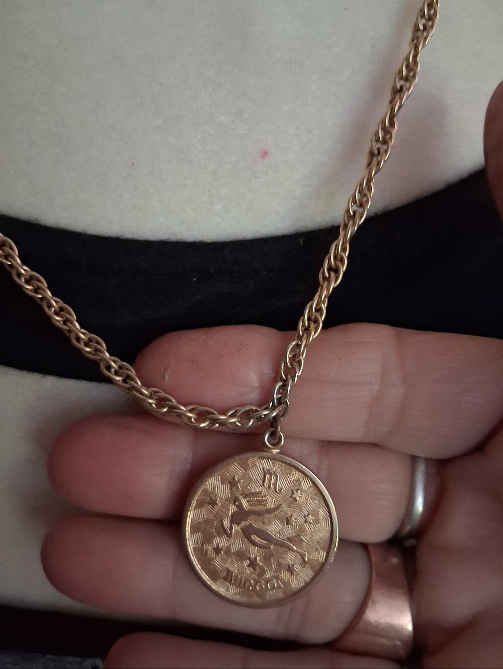 Gold Medallion Pendant Necklace for Women - Gold Tone Vurgo Sign. Vintage Item